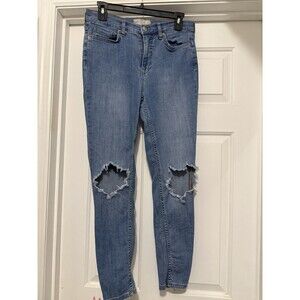 Free People Denim Busted Knee Skinny Jeans Sz 29 Blue Pockets Stretch Distressed